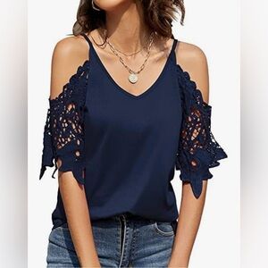 Stylish Navy Cold Shoulder Lace Blouse